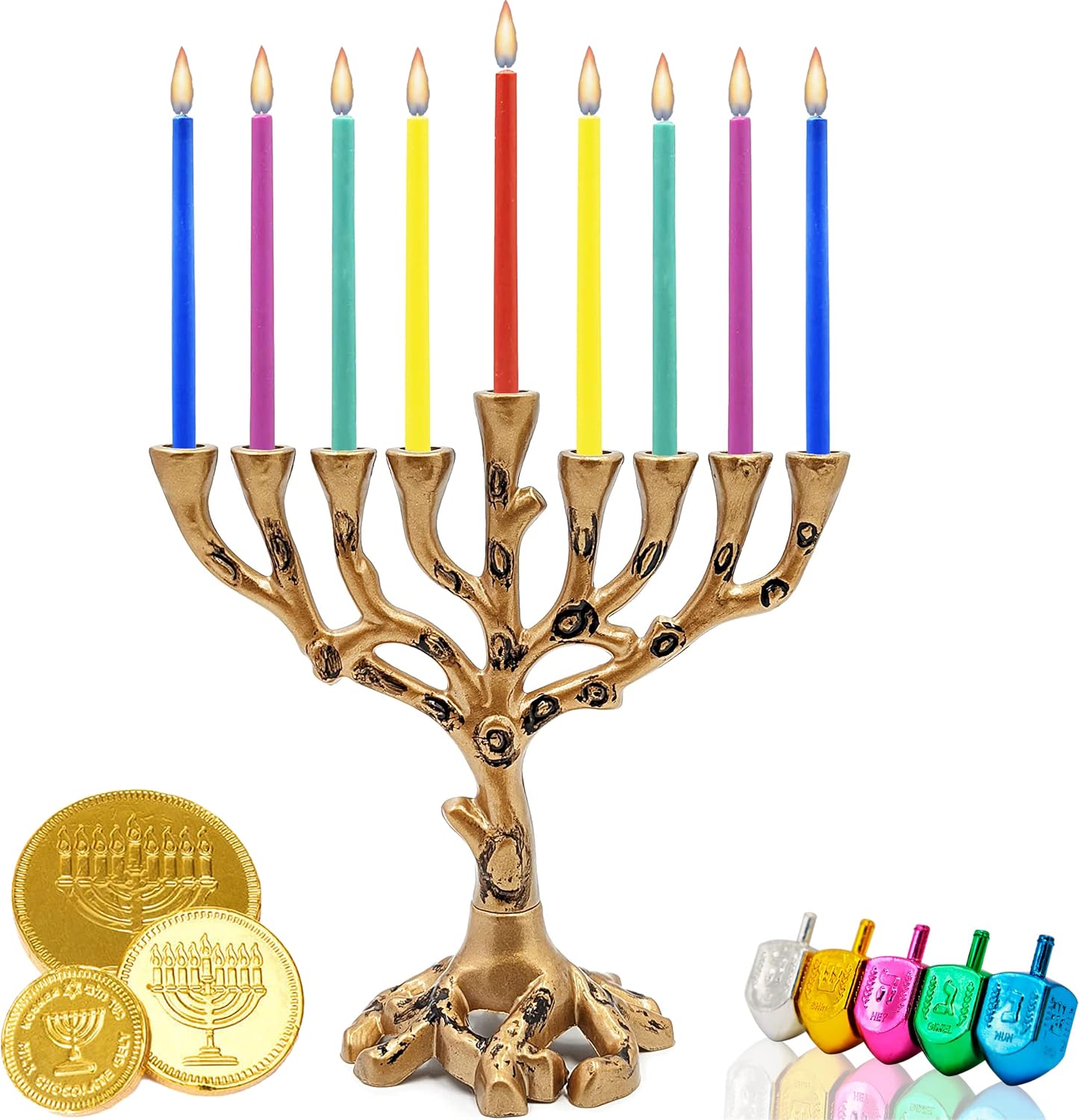 Tree of Life brass Hanukkah menorah