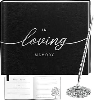 Black funeral guest book with silver pen