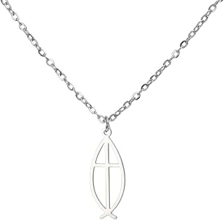 Stainless steel Jesus fish cross necklace