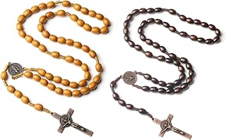 Wooden Catholic rosary necklace with cross