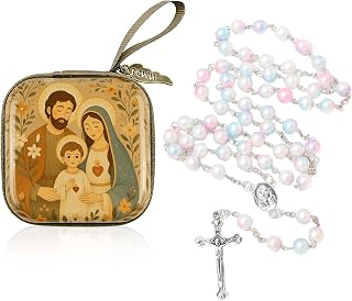 Pink Catholic rosary beads with prayer box