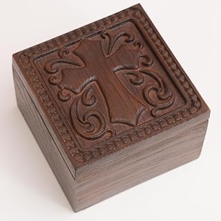 Hand-carved wooden cross rosary keepsake box